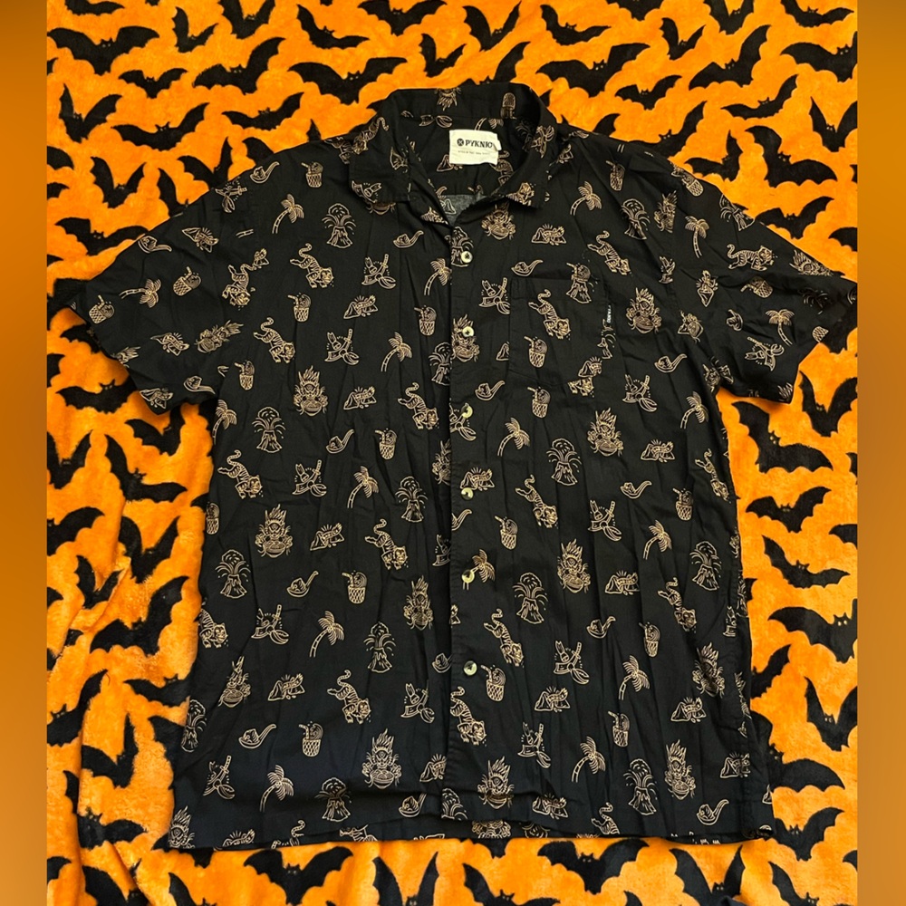 Black Button-up Short Sleeve All-Over Print, 2XL